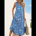 thumbnail image 4 of Vestido de Verano para Mujer, Sin Mangas, Bohemio, Floral, con Escote en V, Lazo Frontal, Flecos y Fluido Azul M, 4 of 8