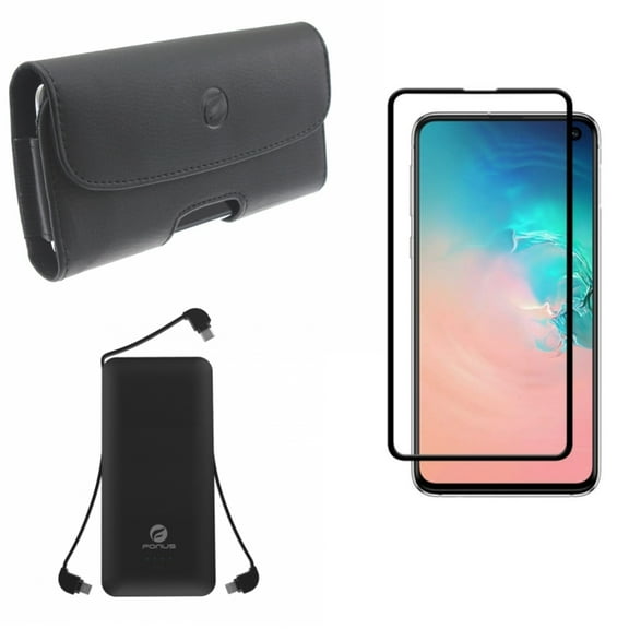 Galaxy S10e Screen Protector w Case Belt Clip w 10000mAh Power Bank - Tempered Glass 5D Curved Edge, Leather Holster Cover, Charger Backup Battery Portable for Samsung Galaxy S10e Phone