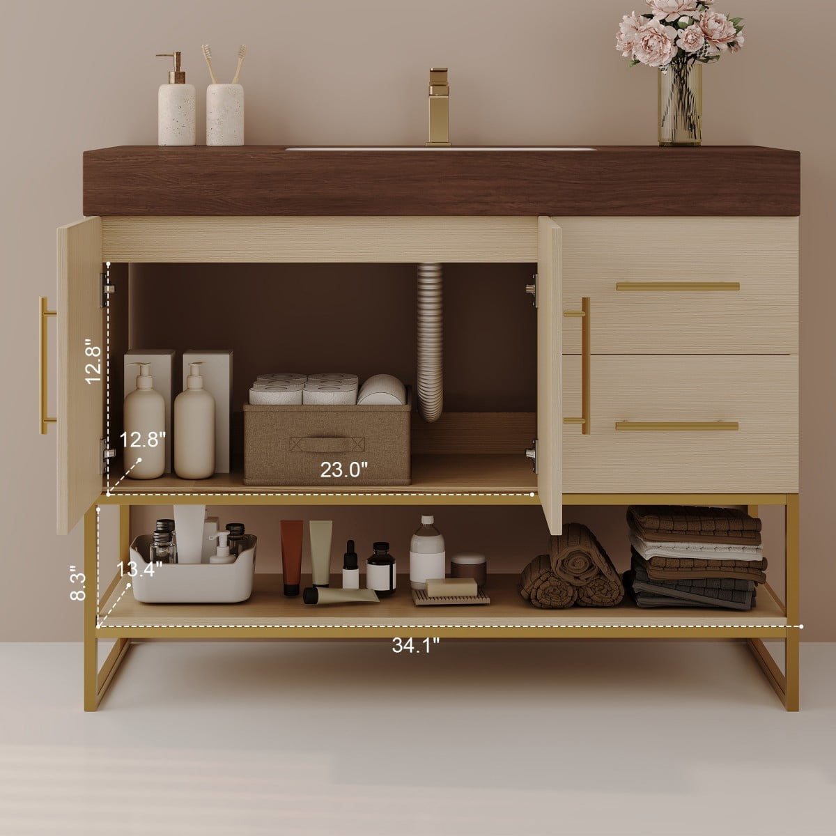 36" Bathroom Vanity with Sink, Freestanding Bathroom Vanity Cabinet with Sintered Stone Top, Seamless Ceramic Basin, Gold Stainless Steel Legs, Storage Drawers & Open Shelf, Walnut &Wood