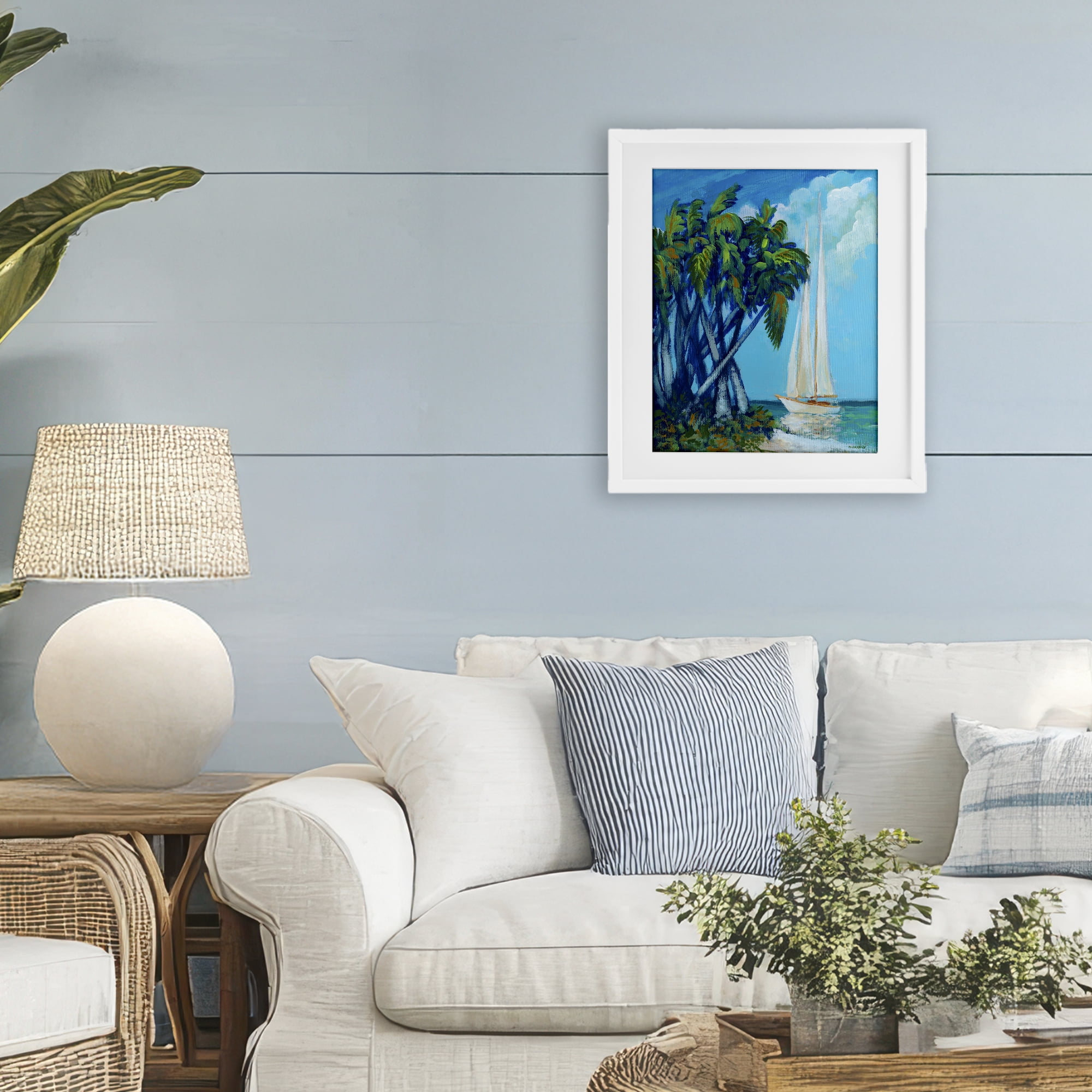Stupell Industries Sailboat & Twisted Palms White Framed Print Under Glass, design by Dan Meneely