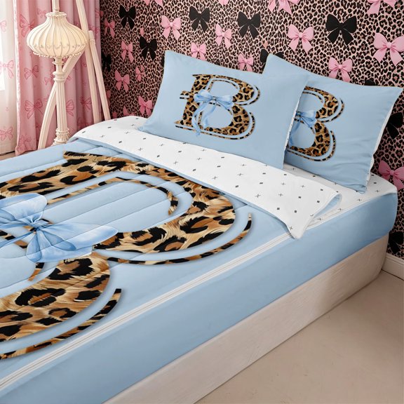 Homewish Girls Initial B Leopard Print Zipper Twin Comforter Sets with Fitted Sheet and 2 Pillowcases,Teens Kawaii Ribbon Bowknot Zipper Bedding Set,4-Piece