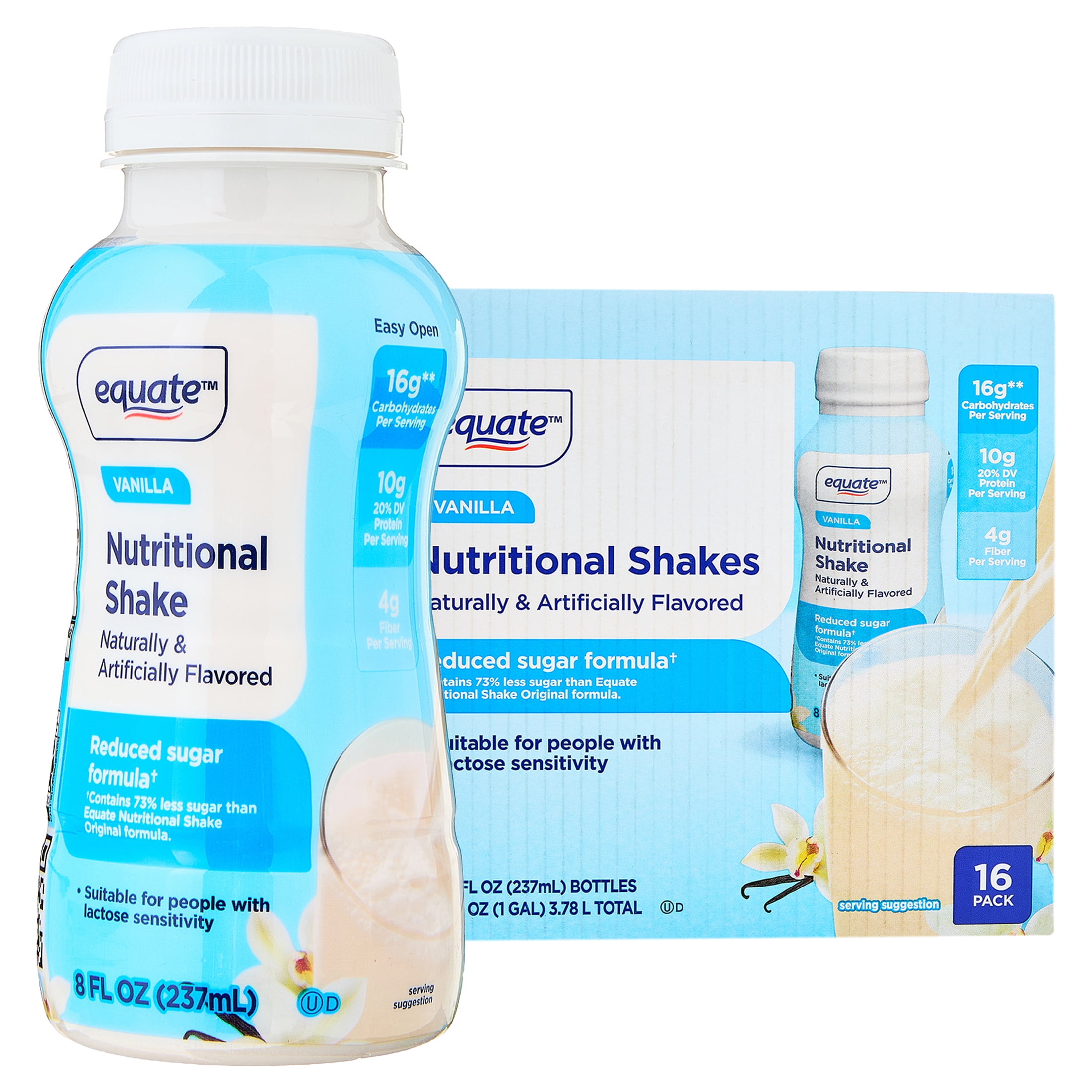 (2 pack) Equate Reduced Sugar Formula Nutritional Shakes, Vanilla, 8 fl oz, 16 Count