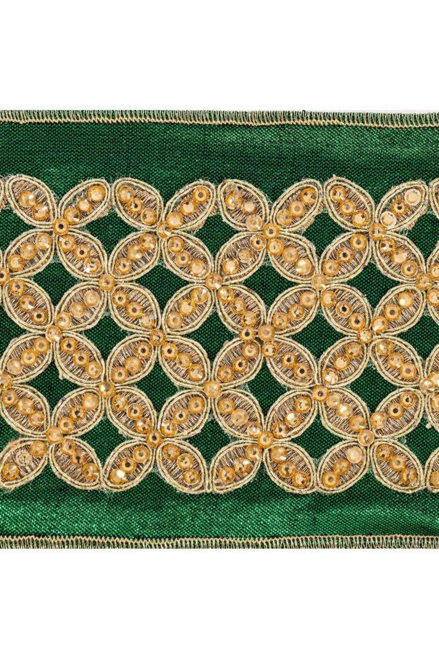 Vickerman 4" x 5 Yards Green with Gold Jeweled Wired Edge Christmas Ribbon.