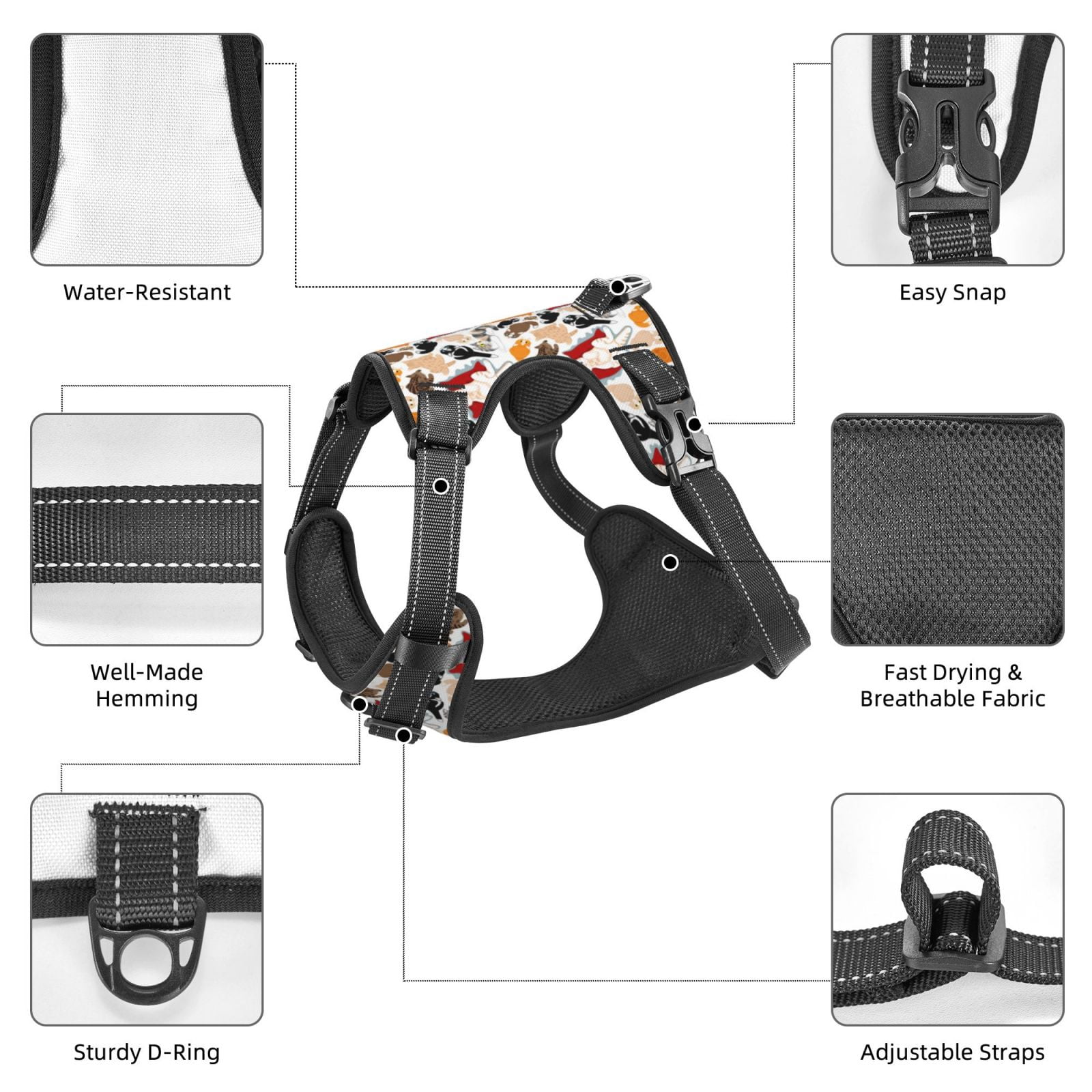 Fuzoiu Cute Cats Print Reflective Dog Harness,Adjustable, Breathable Pet Vest,Dog Harness No Pull,No Choke Pet Vest for Small, Medium, and Large Dogs-Medium