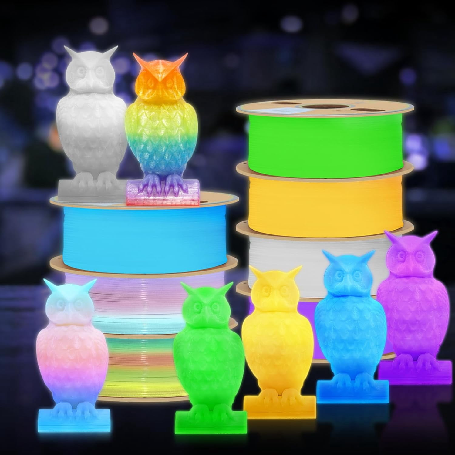 3D Printer Filament Bundle, Glow in The Dark Filament Multicolor, Green, Blue, Purple and Rainbow, PLA Filament 1.75 mm, Dimensional Accuracy +/- 0.03 mm, 250g X 4 Pack