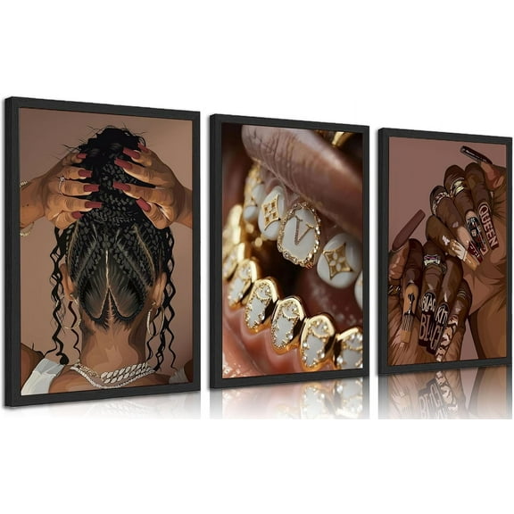 3pcs Trendy Black Woman Canvas Wall Art Fashion Black Girl Wall Decor Pictures African American Woman Posters Prints for Home Living Room Bedroom Bathroom Decoration Ready To Hang