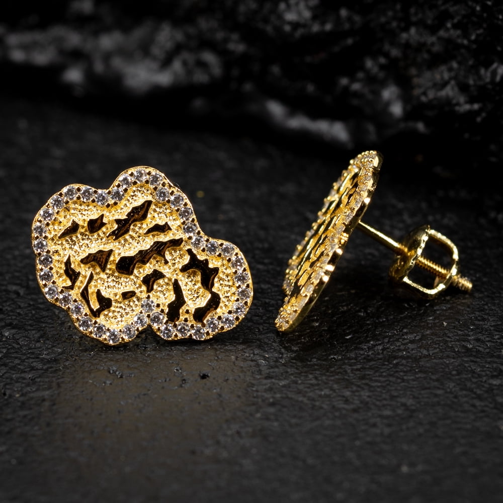 Men's Solid 14K Yellow Gold Plated 925 Sterling Silver Screw Back Post Diamond Cut Stud Cubic Zirconia Retro 90's Hip Hop Iced Cz Solid Nugget Earrings For Men