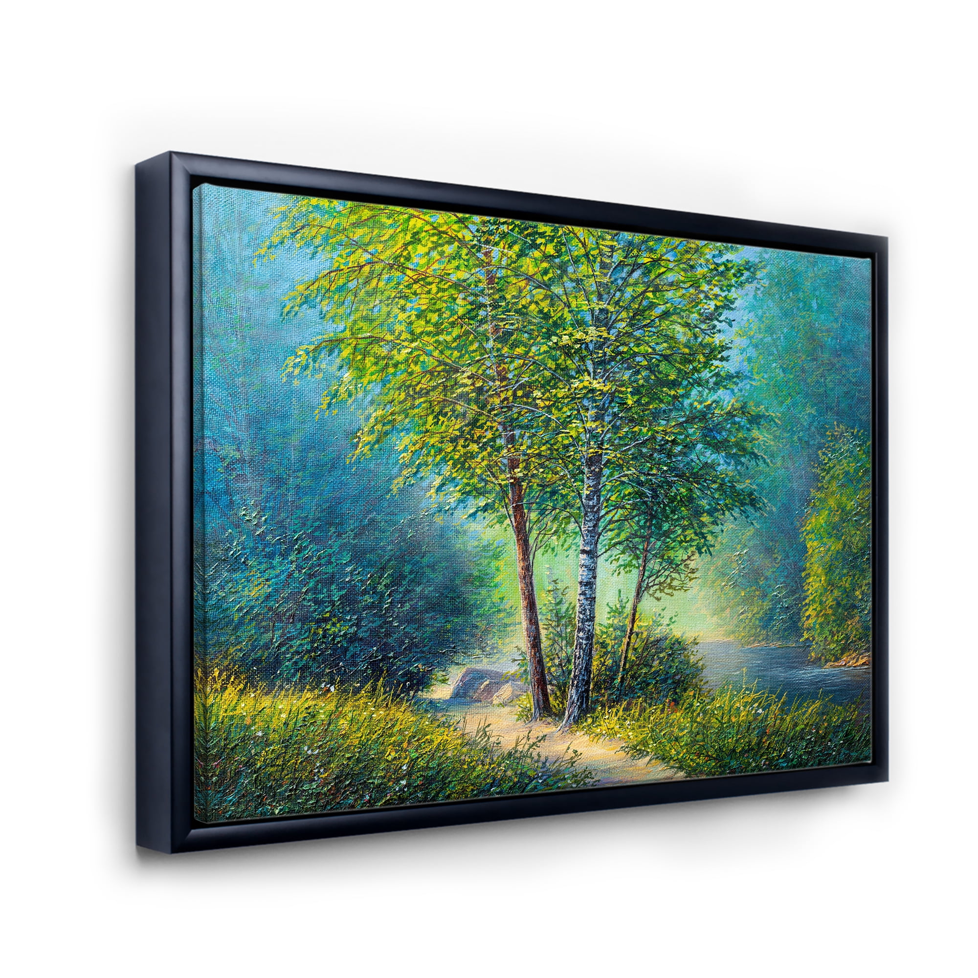 Designart 'Three Vibrant Green Trees By The River' Lake House Framed Canvas Wall Art Print