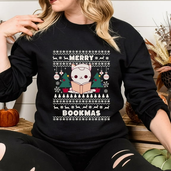 Merry Bookmas Christmas Ugly Sweater, Christmas Reading Sweatshirt, Bookworm Librarian Tee, Book Lover Shirt, Christmas Cat Sweatshirt (Sizes:2XL; Colors:Dark Heather;)