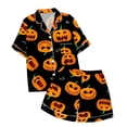 thumbnail image 5 of siminsem Short Sleeve Satin Pajama Set with Graphic Print for Women Button Front Top and Matching Shorts 2 Piece Cute Sleepwear Loungewear Nightwear, Black,XXXL, 5 of 5