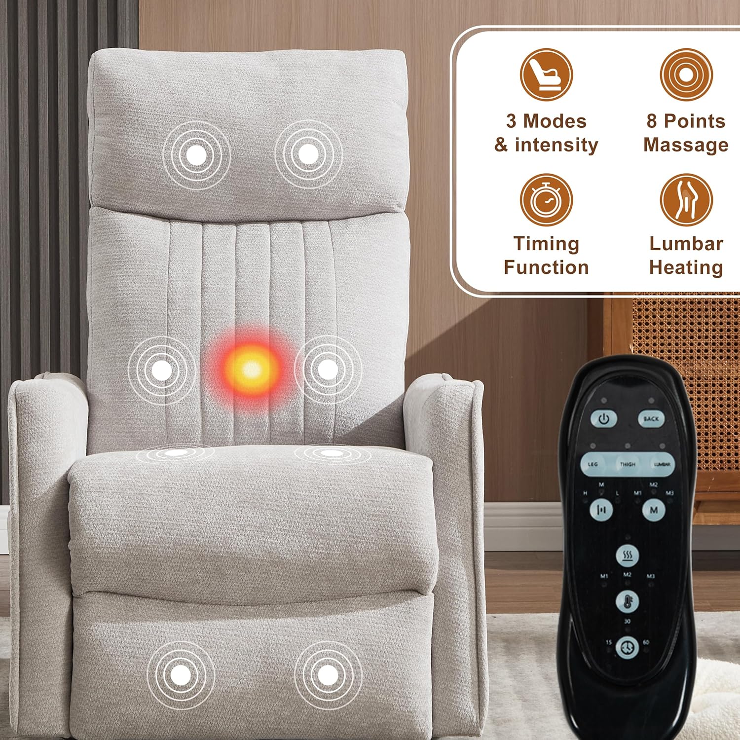 AENKYO Swivel Recliner Chair, Manual Rocking Massage Chair, Heated for Adults, for Living Room,Light Gray Chenille