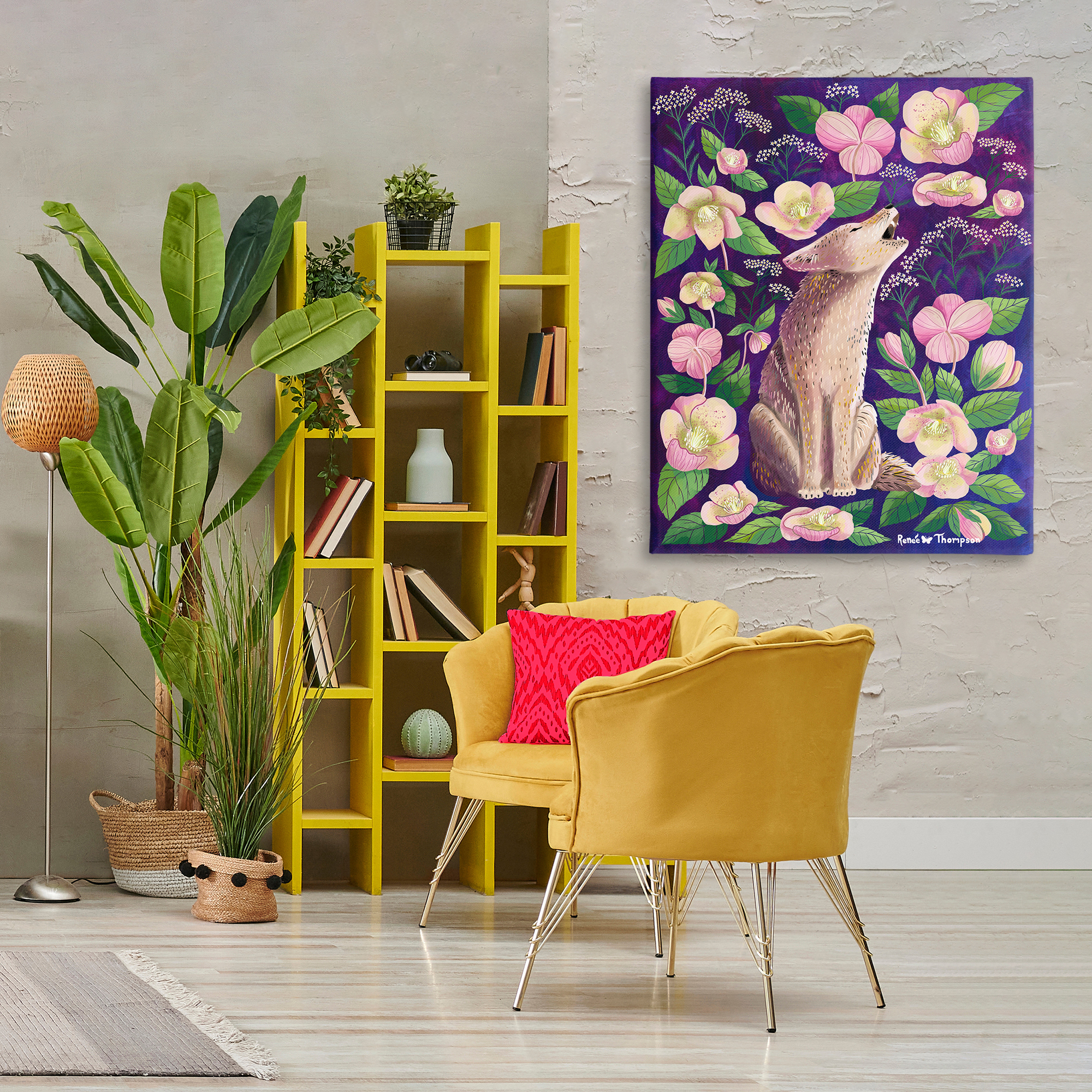 Stupell Industries Coyote & Pink Florals Animals Painting Wrapped Canvas Art Print Wall Art, 36 x 48