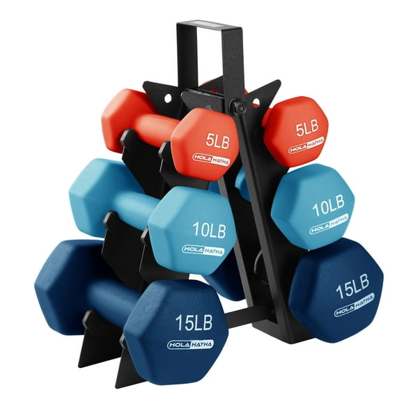 HolaHatha 5, 10 & 15 Pound Neoprene Dumbbell Weight Set with Storage Rack