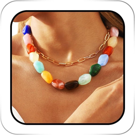 DESIGNICE Colorful Statement Gemstone Necklace Chunky Layered Beaded Choker for Women Chunky Beaded Necklaces for Women