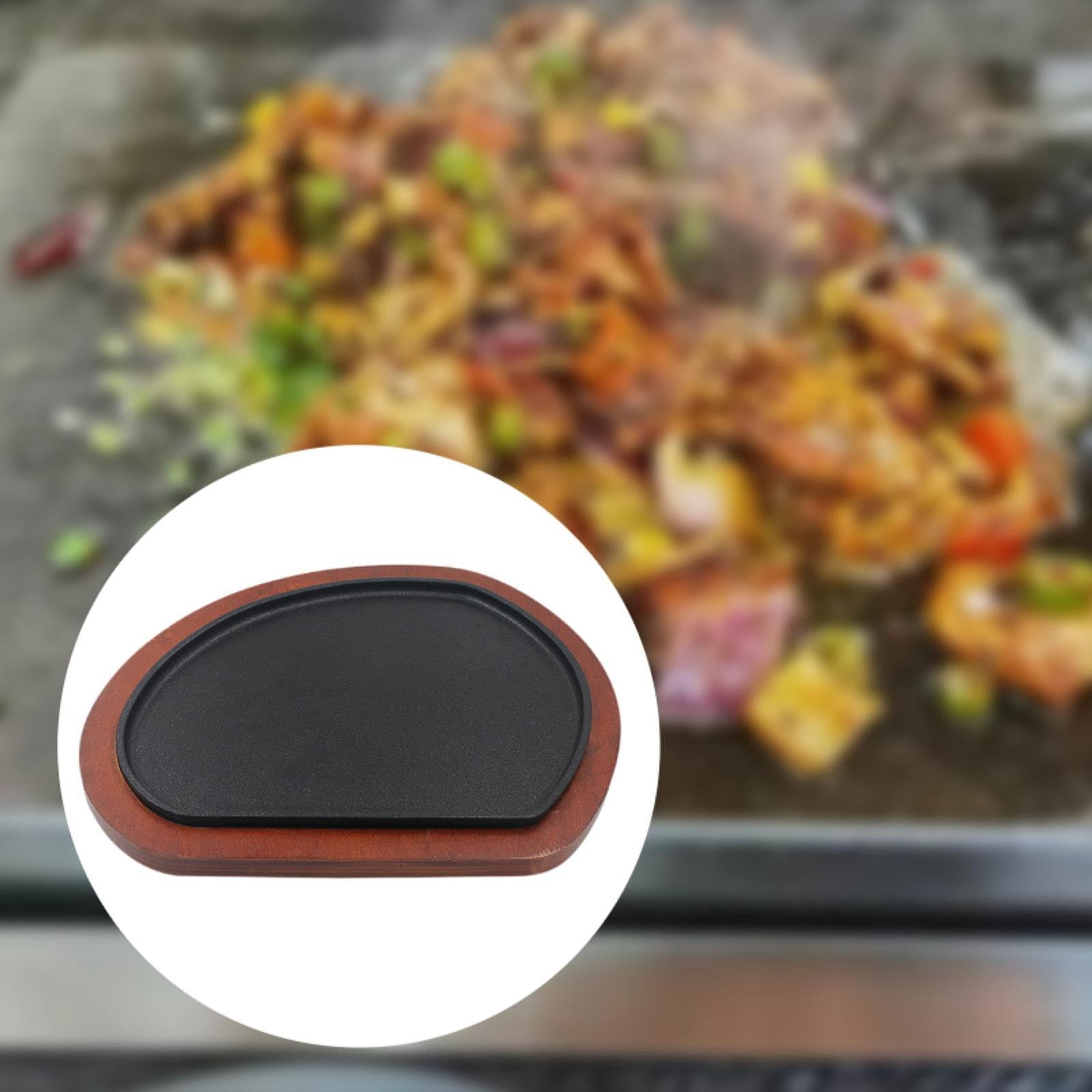 Baoblaze Cast Iron Steak Plate Wood Tray Griddle Steak Plate, Nonstick Cooking Plate Fajita Skillet for Home Picnic Camping Restaurant