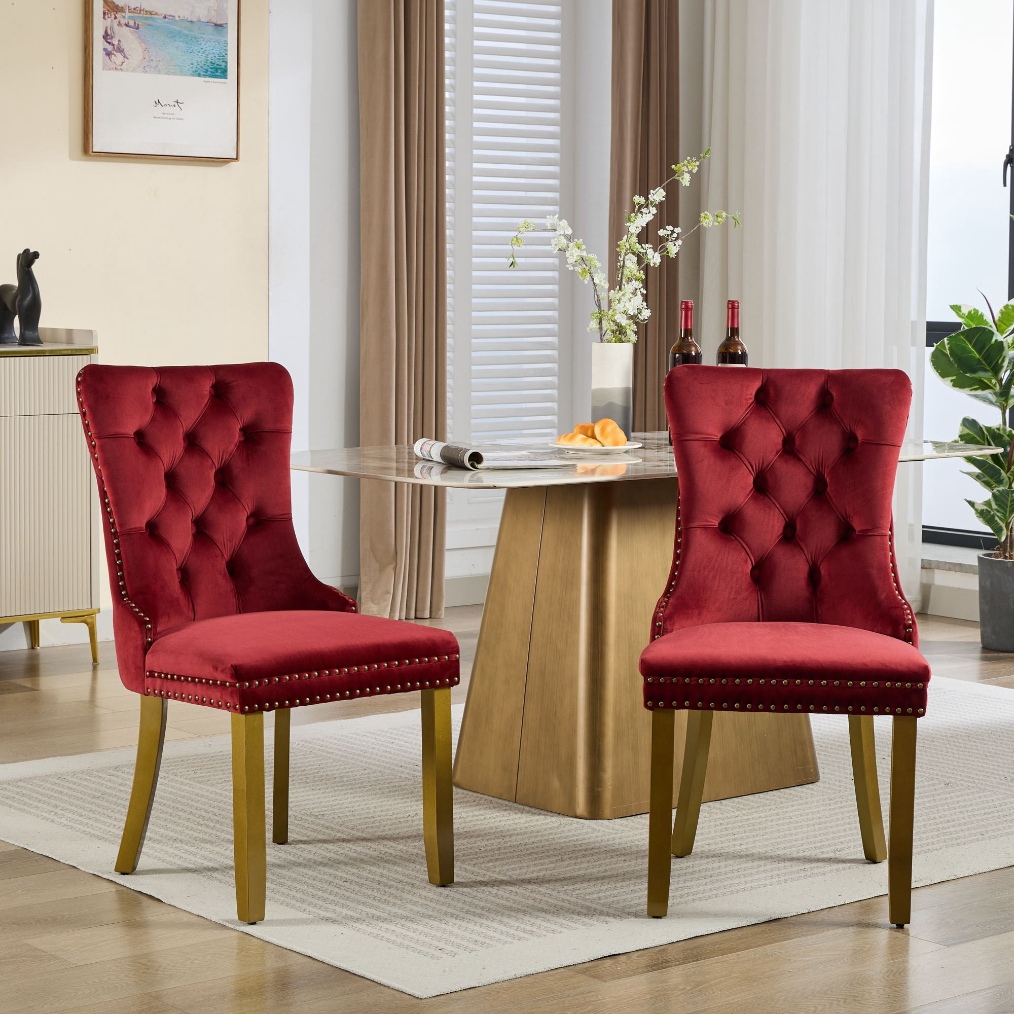 Mid-Century Velvet Dining Chairs, Wine Red, Gold Solid Wood Legs & Lion Pulls, Set of 2