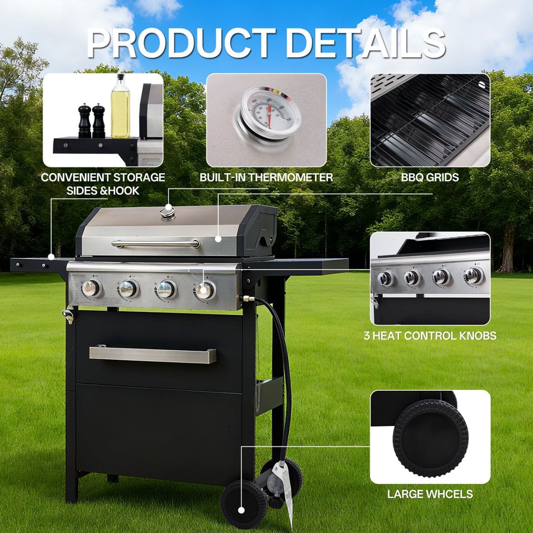 Fehomix 4-Burner Propane Gas Grill with Storage Cabinet & Side Shelves, Outdoor BBQ Grill with Stainless Steel Lid, Pull-Out Grease Tray and Large Wheels for Patio Backyard