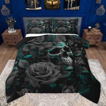 Homewish Anniversary Grey Rose Full Size Comforter Sets, Skeleton Skull Bedding Comforter Set, Gothic Romantic Theme Reversible Bedding Sets, Lightweight Room Decor, 3 Pieces