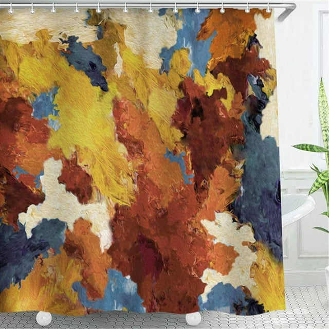 Cortina de ducha con pintura de arte abstracto, juego de cortinas de baño con ganchos, impresión artística multicolor, amarillo, marrón, azul y naranja, pintura al óleo, tamaño 72 x 78