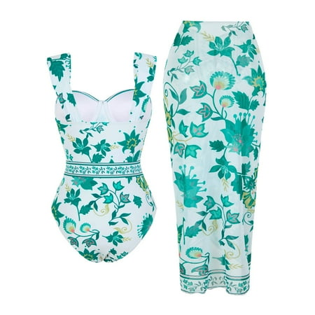 yunLCZ Women s Two Piece Bikini Set Women s Retro Fashion Bandeau Swimsuit With Beach Cover Up Wrap Skirt Two Bikini Set