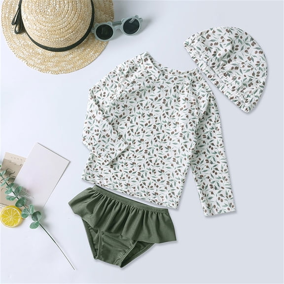 HOWPAY Girls Swimsuit Tropical Print Sleeveless Quick Dry Tankini Cut Out Bikini Bottoms Swim Suit with Hat Summer Beach 2 Piece Swimwear Green