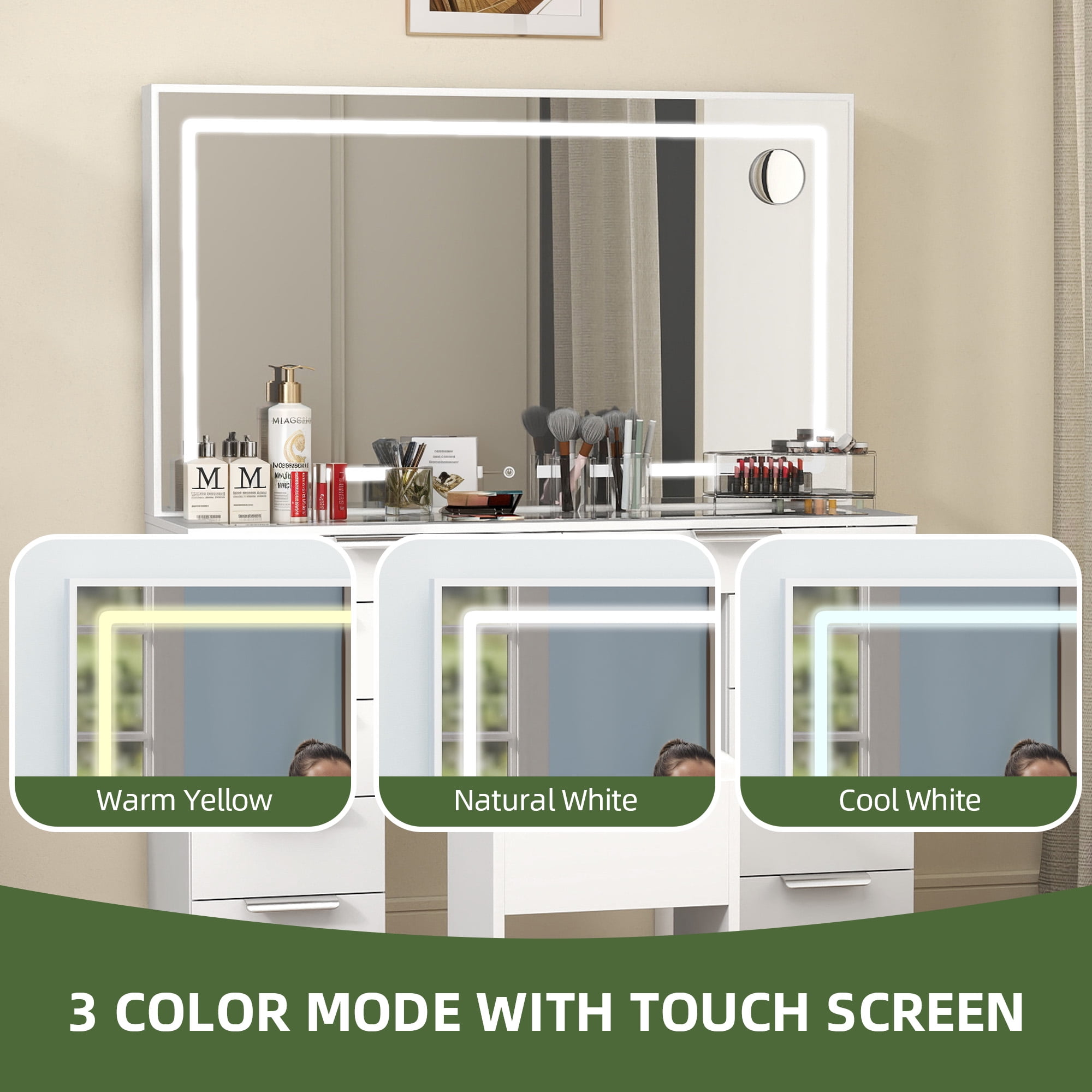 Uforic 10-Drawer Set Makeup Vanity Dressers with Light and Extra-Large Mirror, Glass Top with 3 Color Modes, Storage Bench, White