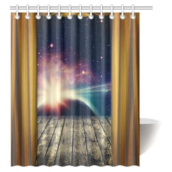 MYPOP Space Decorations Shower Curtain, View Through the Window Wooden Plank Starry Deep Outer Space Nebula and Galaxy Fabric Bathroom Shower Curtain with Hooks, 60 X 72 Inches