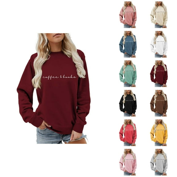 Coffee Book Sweatshirts for Women Long Sleeve Crewneck Letter Graphic Sweatshirt for Reading Enthusiasts Pullover Tops
