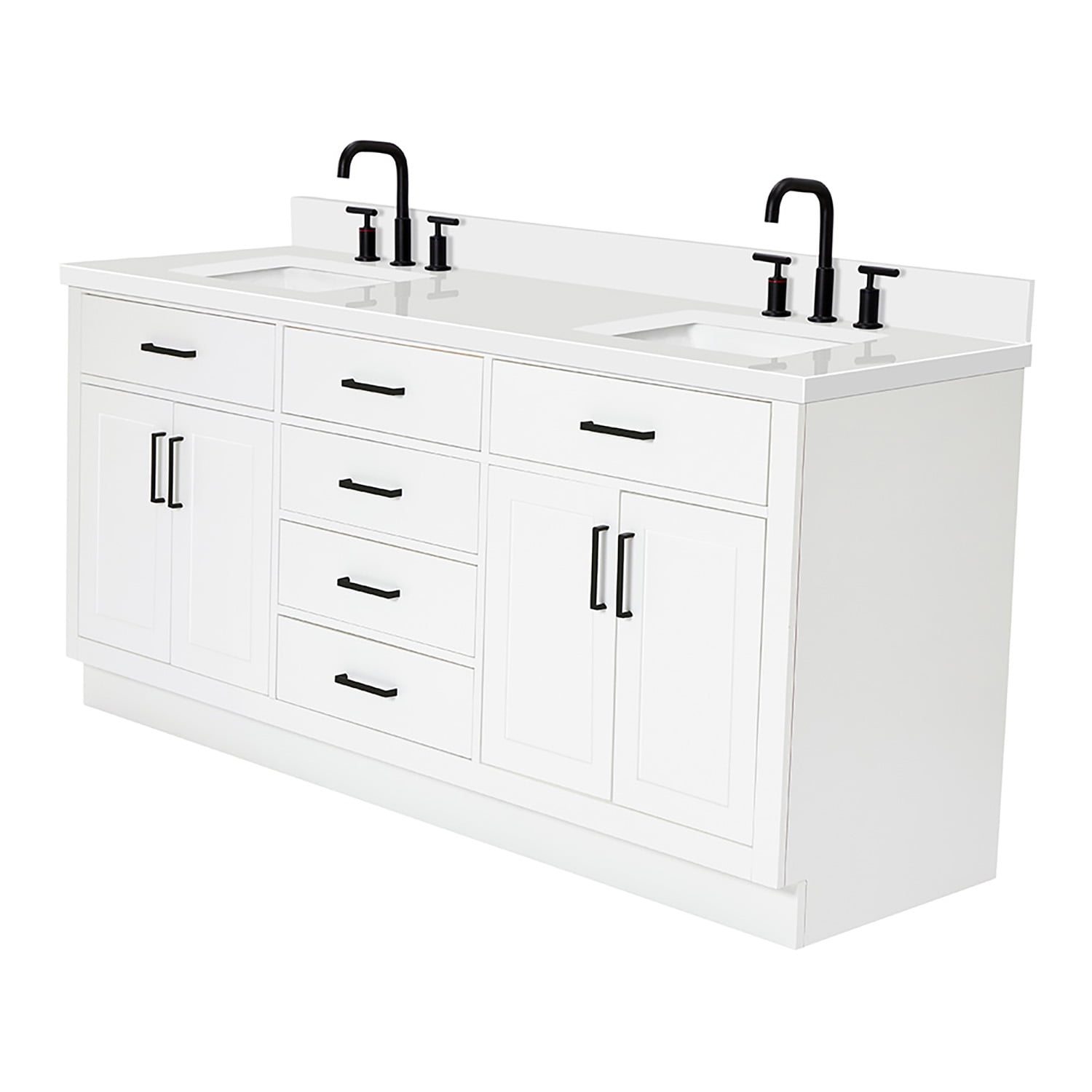 ARIEL 73" White Double Vanity, 1.5" Edge Pure White Quartz Countertop & Splash, Rectangular Sinks, 4 Soft Closing Doors, 6 Full Extension Dovetail Drawers, Toe Kick, Matte Black