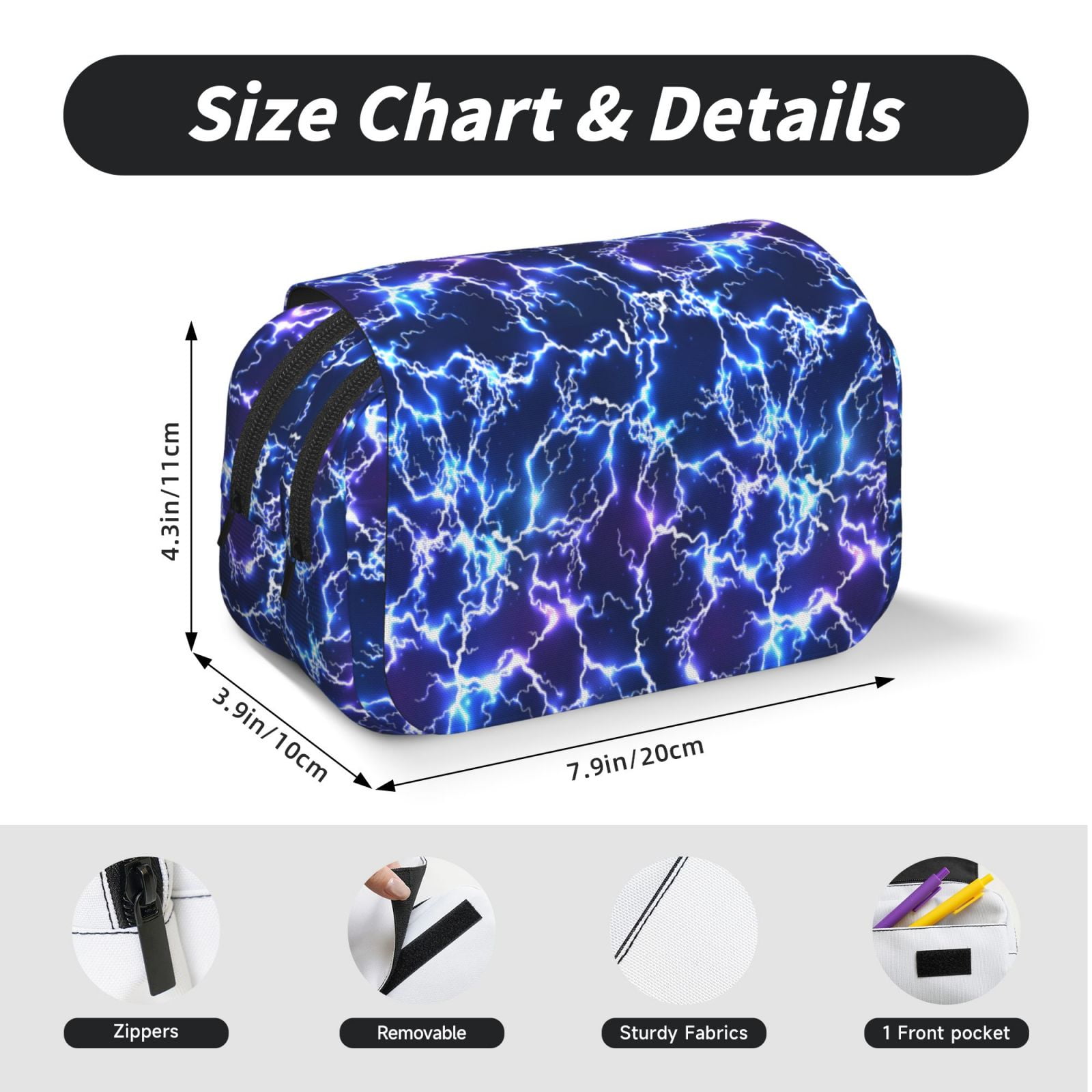 Rateoe Blue Lightning1 Pattern Double Clamshell Pen Case, Storage Organizer with Two Zipper Compartments– Holds Up to 50 Pencils & Pens