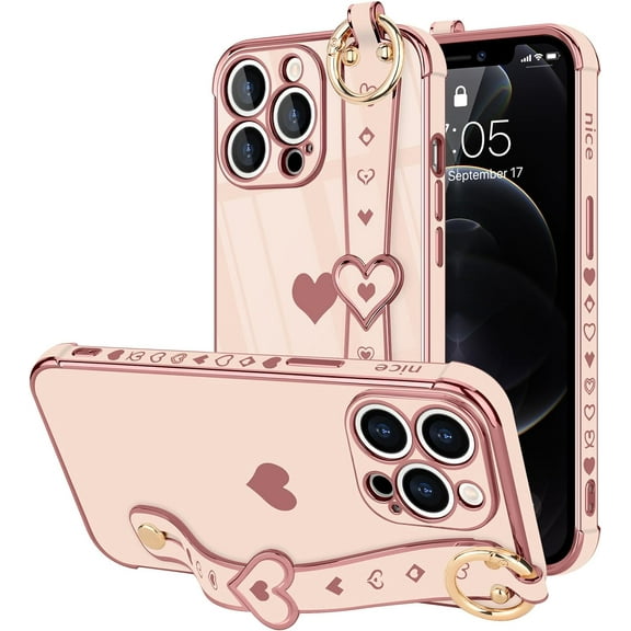 ZUKKASHAN for iPhone 15 Pro Max Case with Strap for Women Girls [2× Screen Protectors], Cute Love-Hearts Design, Wristband Kickstand Protective Phone Case for iPhone 15 Pro Max (6.7'')