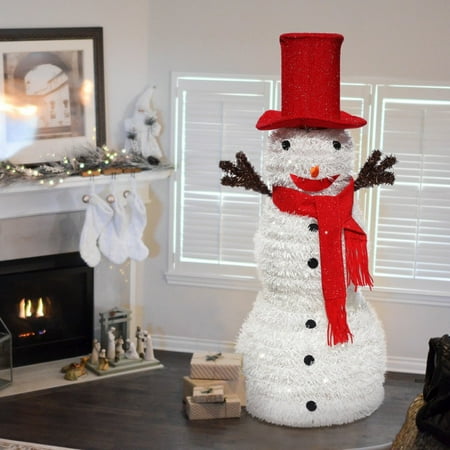 Easy To Make Christmas Decorations Pop-Up Collapsible Tinsel Christmas Tree Snowman With Hat Removable Hands And Scarf Easy-Assembly Reusable Artificial Glittery Snowman For Indoor Outdoor Xmas Decoration ()