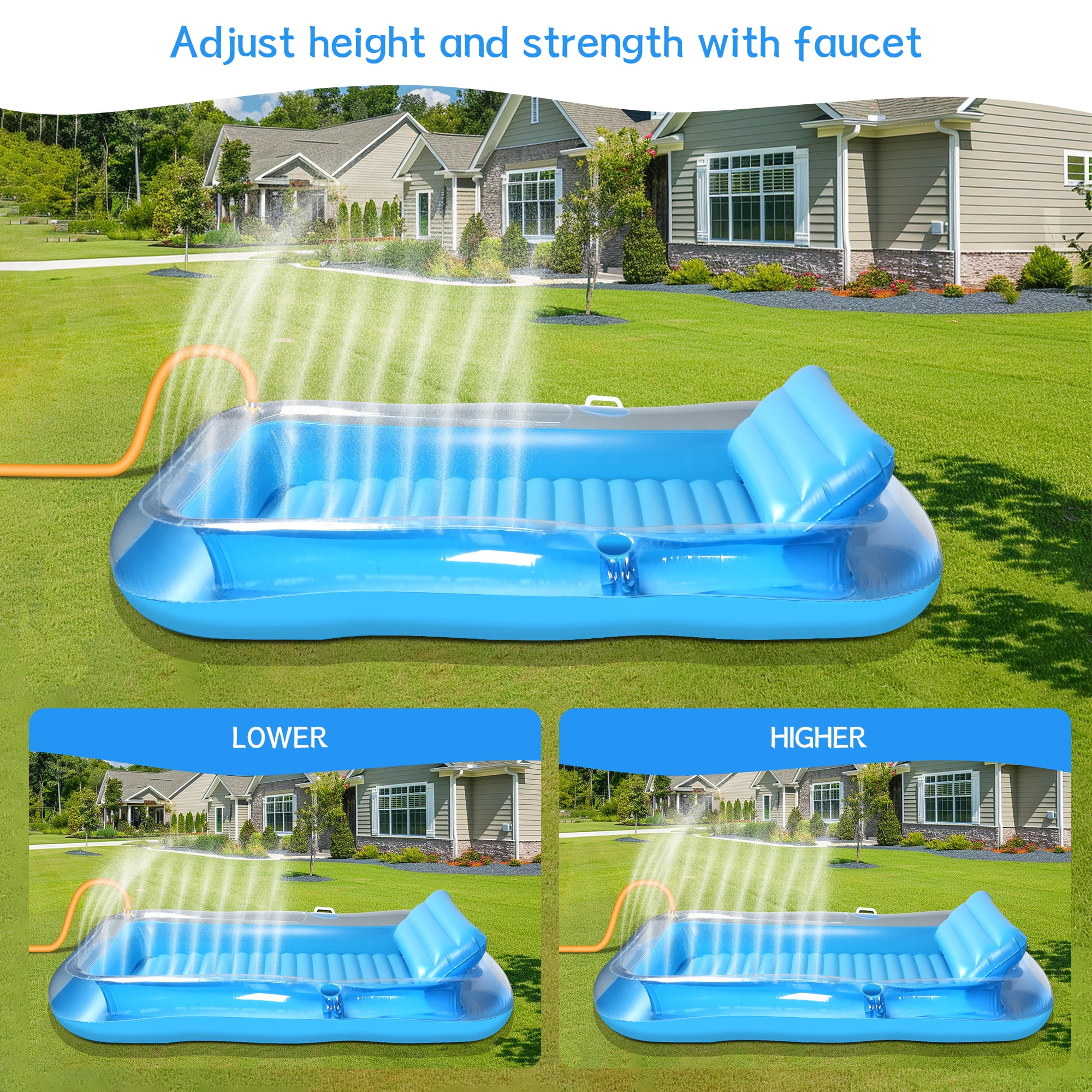 Inflatable Tanning Pool Lounger Float with Sprinkler, 81" x 53" Pool Floats Adult with Pillow, all in one Suntan Tub Raft Floatie with Drink Holder Sunbathing Water Lounge (Clear Blue)