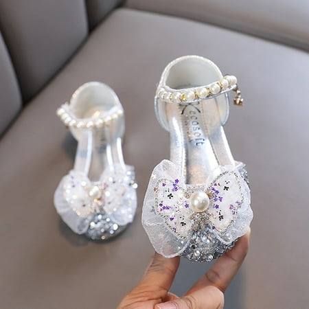 

kpoplk First Walking Shoes For Baby Girl Bow Plastics Metal Pearl Rhinestone Color Matching Gradient Spring Shoes Baby Sandals(Silver)