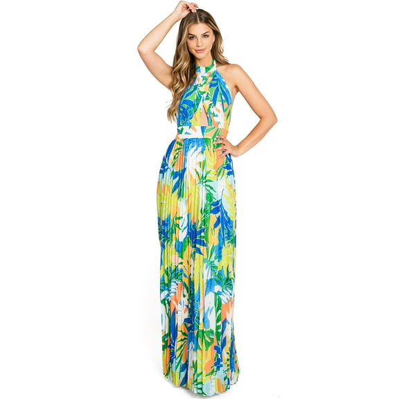 Flying Tomato Women's Tropical Vacation Halter Pleated Maxi Dress  (Blue/Green, Small)
