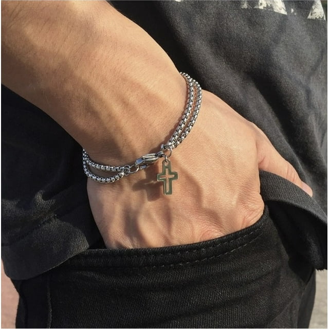 Pulsera de acero inoxidable con doble cadena y Cruz hueca para hombre, pulsera con cierre de garra de langosta, joyería para fiesta Punk de Hip Hop JM