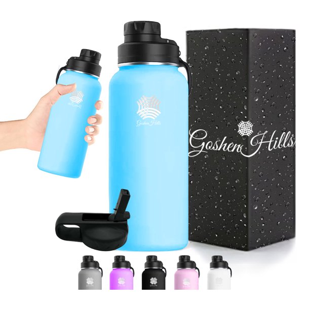 Blue 40oz Stainless Steel Sports Water Bottle with sprout lid and straw