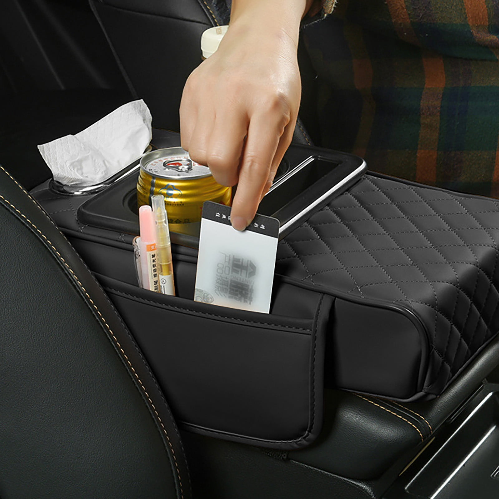 Car Accessories Interior Organizer with Armrest Cushion Cover and 2 Storage Bags for Sedans Features Cup Holder Tissue Slot and Phone Slot