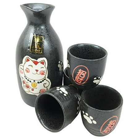 Wooden Sake - Japanese Maneki Neko Lucky Charm Cat Glazed Ceramic Black Sake Set Flask With Four Cups Great Asian Living Home Decor and Gift For Housewarming Special Friendship Eastern Decorative Party Set