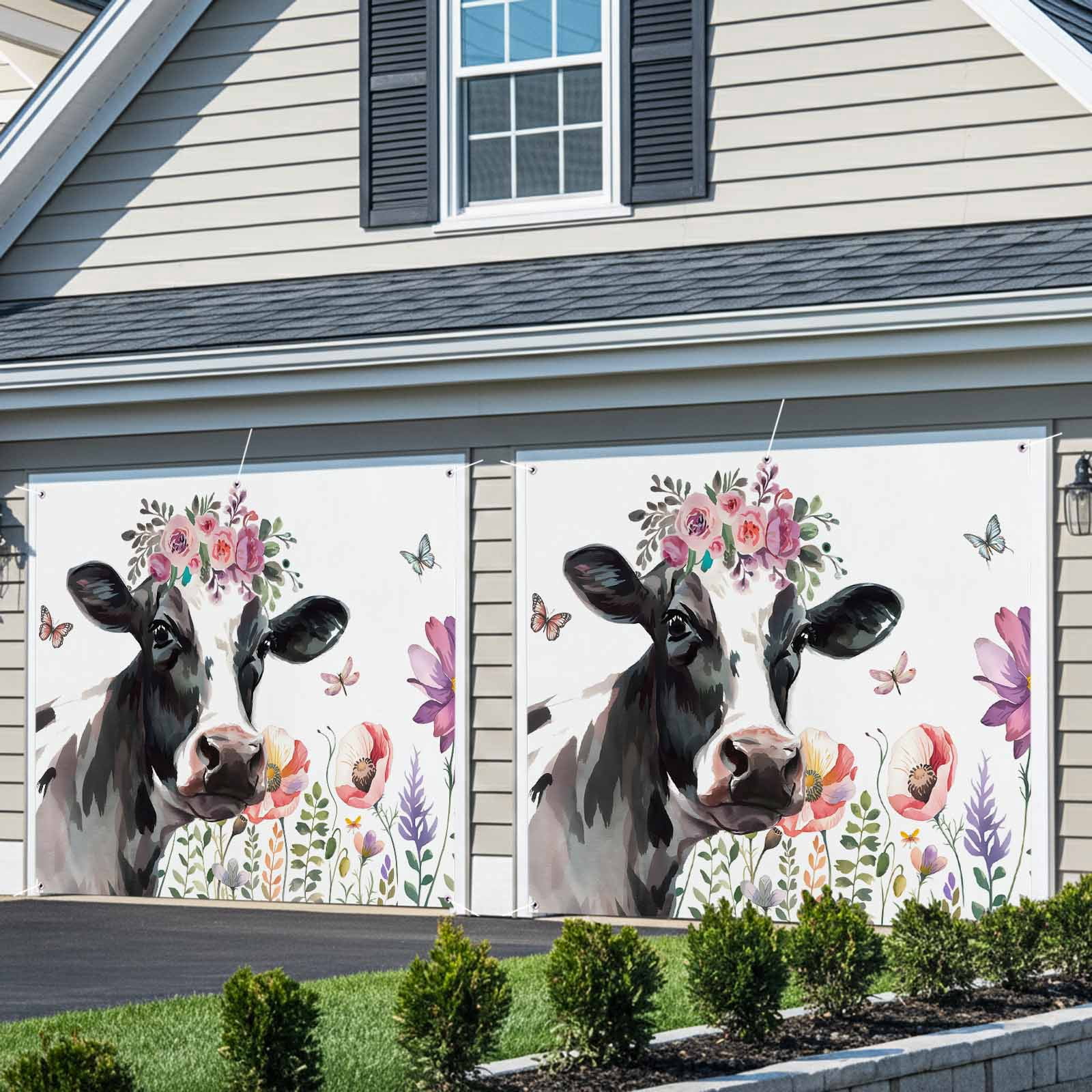 Cow Flower Garage Door Cover Banner 7 x 16 FT, Farmhouse Cattle Botanical Butterfly Floral Garage Door Curtains Backdrop with Grommets for Indoor Outdoor Wall Party Porch Yard Decorations Background