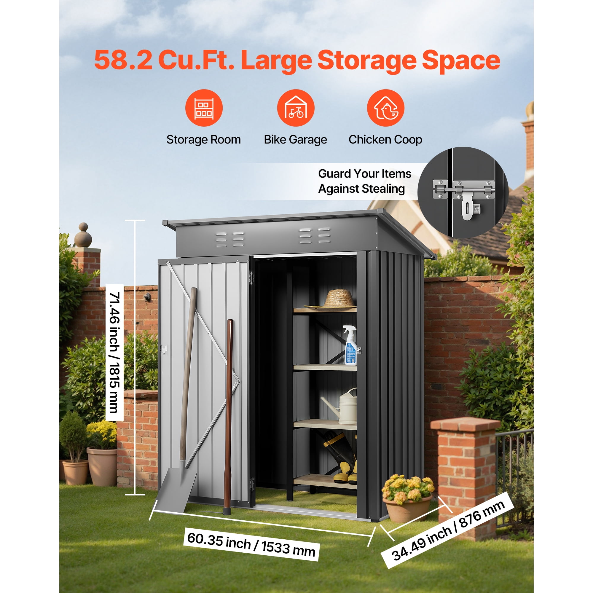 KFFKFF 5 x 3 FT Metal Garden Shed, Outdoor Storage Building with Lockable Door & Ventilation, Sloped Roof Metal Shed for Tools, Backyard, Garden, Patio, Bike, Gray