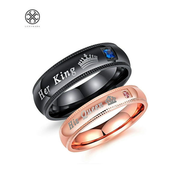 Luxtrada Fashion Ahead 2pcs Matching Set Couple Rings His Queen and Her King Stainless Steel Promise Rings Engagement Band Valentine's Day Couples Gifts