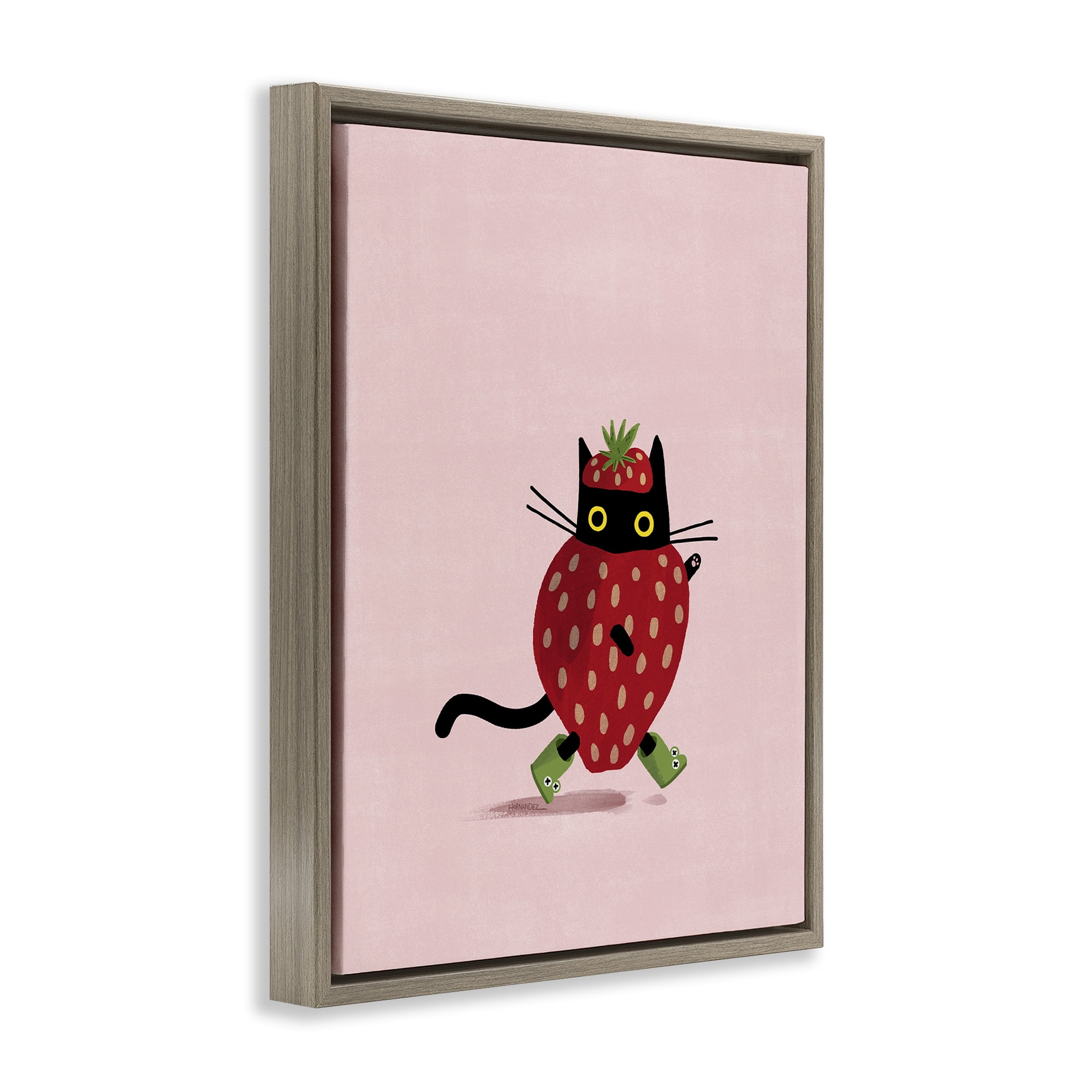 Stupell Industries Strawberry Cat on Pink Animals Painting Brown Floater Framed Canvas Art Print Wall Art, 17 x 21