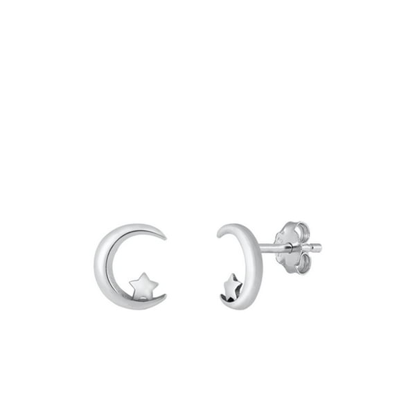 Sterling Silver High Polished Moon & Star Stud Earrings 925 Fashion Jewelry Female Unisex