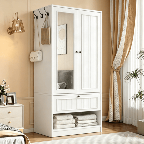 Winkalon 70"H Wardrobe Closet with Drawer and Mirror, Wooden Bedroom Armoire Cabinet with 2-Door and Hanging Rod,White