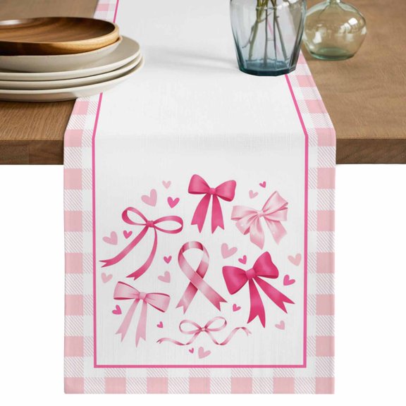 Valentine's Day Cotton Linen Table Runner for Dining Kitchen, Pink Bows Romantic Love Heart Checkered Wedding Outdoor Party Tablerunners, Dresser Scarf Coffee Tablecloth Runners 13x70 Inches