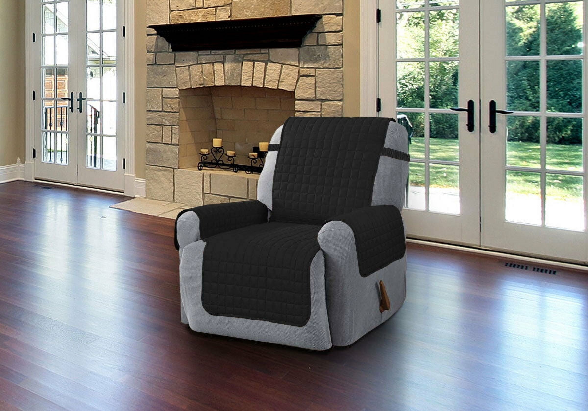 Linen Store Furniture Protector, Quilted Microfiber Machine Washable Cover with Tucks & Elastic Strap Perfect for Kids, Dogs, Pets (Black, Recliner)