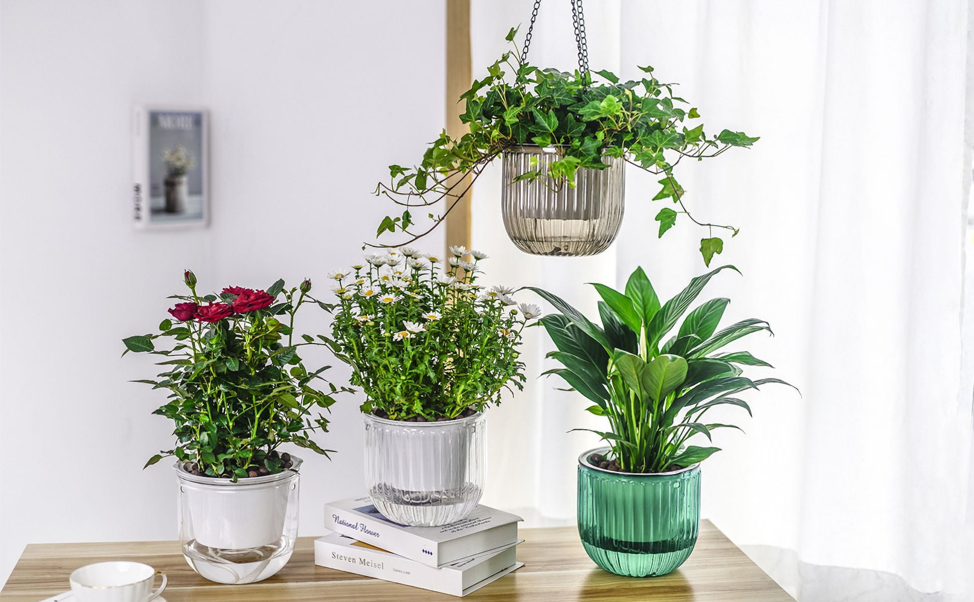 2 Pack Self Watering Hanging Planters Indoor Flower Pots, 6.5 Inch Outdoor Hanging Basket, Plant Hanger with Hooks Drainage Holes for Garden Home