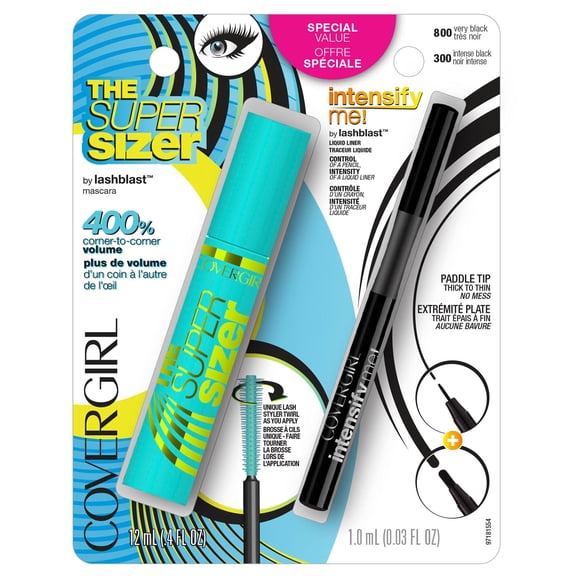 COVERGIRL The Super Sizer Mascara, Very Black 800, 0.4 fl oz Intensify Me! Eye Liner, Intense Black 300, 0.03 fl oz