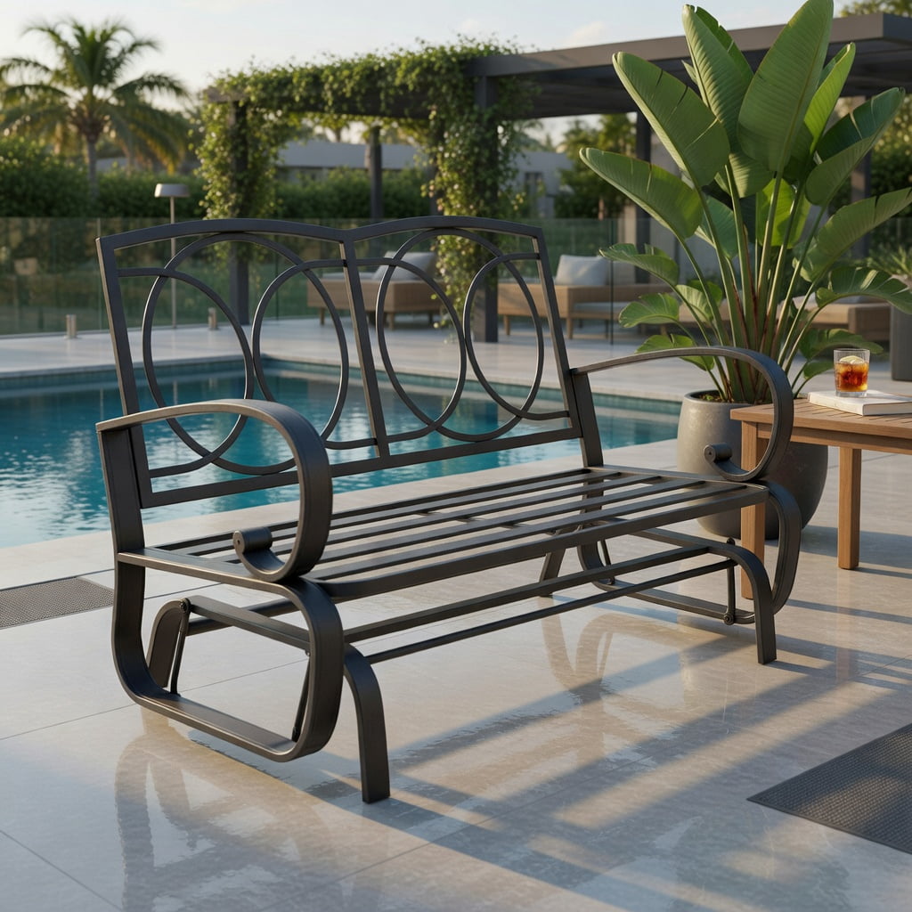 Hommoo Outdoor Rocking Bench Loveseat with Cushions, Steel Patio Bench for Deck, Backyard & Poolside, Seat & Back Cushions, Beige